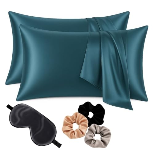 Image of Premium Satin Pillowcase Set of 2 with Eye Mask & 3 Scrunchies | Silky Soft, Anti-Frizz, Skin & Hair Care Sleep Set | Luxury Gift Combo for Women & Girls (Teal)