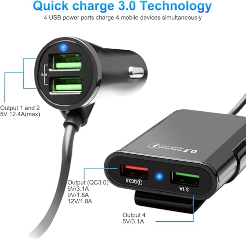 Image of 40W Fast Car Charger with 4 USB Ports (8A Output) - Front & Back Seat Charging, 1.8M Cable, Car Cigarette Lighter Socket Splitter, Universal 12V-24V Car Adapter for Road Trips & Daily Use