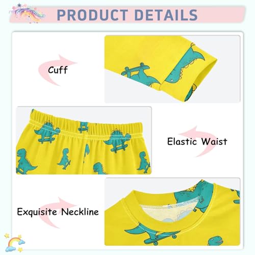 Pajama Sets Long Sleeve Dinosaurs Skateboarding Yellow Soft Comfy Sleepwear 2 Piece PJS 3-8T4