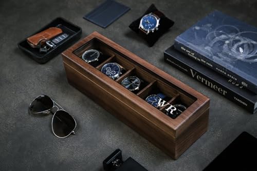 Image of Wooden Watch Box | 5 Slot Rectangular Sheesham Wood Watch Organizer | Handmade Watch Storage Case for Men & Women | Wooden Watch Holder Gift Box