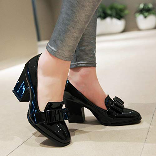 MIOKE Women's Fashion Chunky High Block Heel Pumps Square Toe Bowtie Patent Leather Slip-On Dress Shoes3
