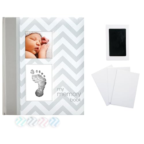 Image of Pearhead Baby Memory Book, First 5 Years Baby Milestone Book, Pregnancy Journal, Newborn Baby Girl or Baby Boy Keepsake, With Clean-Touch Ink Pad For Baby's Handprint or Footprint, Gray Chevron