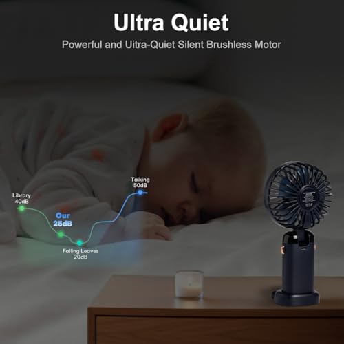 Image of Portable Handheld Fan, 12 hours, Upgrade 3200mAh Portable Fan with LED Display, 90 Foldable, 5 Speed Wind,Hand Held /Neck /Desk 3 in 1 Personal Small Fans, Makeup Fans for Women (Dark Blue)