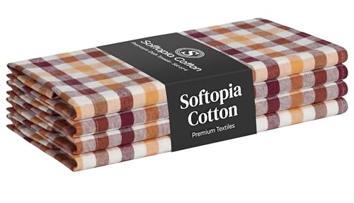 Image of Multicolor Check Kitchen Towels 4 Pack, 100% Cotton Tea Towels, 18 inchx26 inch Quick Dry Dish Cloths for Drying Dishes, Reusable, Absorbent - Burgundy Wine, Brown, Mustard Yellow, Natural