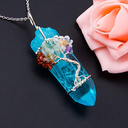 Bivei Tree of Life 7 Chakra Gemstone Copper Wire Wrap Irregular Clear Quartz Point Crystal Pendant Necklace(Silver Plated Chakra-Titanium Coated Blue)