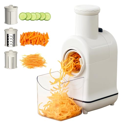 Electric Cheese Grater, 3 in 1 Professional Cheese Grater Electric Vegetable Slicer, Rotary Electric Slicer/Shredder Spiralizer for Veggies, Grated Carrots, Salad, Broccoli Slaw, Cheeses, Fruits, 80W