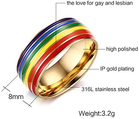 8mm Gold Plated Stainless Steel Rainbow Pride Ring - Comfort Fit, Half Round Band, Sizes 7-12