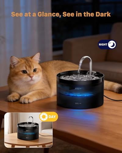 Katzenbrunnen Trinkbrunnen für Katze: 2L Katzenbrunnen für Katzen - Katzen Trinkbrunnen Super Silent - Eingebautes LED Licht - Aktivkohlefilter - Durchsichtiger Wassertank - Schwarz