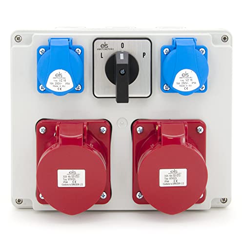 ELS Elektrotechnika Distributore di corrente da parete, 2 prese Schuko da 230 V + 2 prese CEE 32 A + interruttore a camme L-0-P, cablato, pronto per il collegamento, per cantieri, officina, garage,