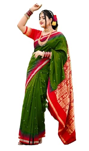 Image of NEW COLLECTION Women's Odisha Handloom Sambalpuri Pata Saree Temple Border Pasapalli Bomkai Buti Boyanika Design Saree Banarasi Soft Papa Silk Simple Ethnic Orissa Sari with Blouse Piece
