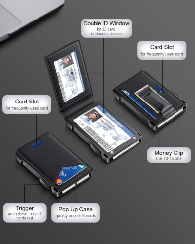 Image of Wallet for Men RFID Wallet with 2 ID Windows & Money Clip, Slim Card Holder | 10-12 Cards Bifold Minimalist Smart Pop Up Wallet for Front Pocket Compact Metal Credit Card Holder Birthday Gifts for Men