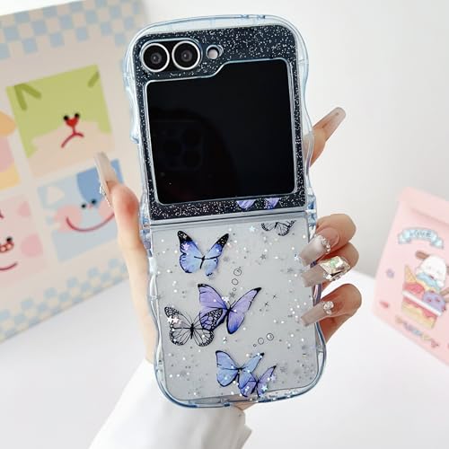 UEEBAI Hülle für Samsung Galaxy Z Flip 5/Z Flip 6 5G Durchscheinend Liquid Silikon Handyhülle mit Schmetterlingsmuster Wellen Rahmenform Stoßfeste Schutzhülle Weiche Bumper Cover Case Blau