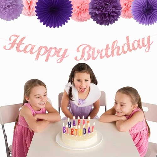 Image of Purple Pink Birthday Party-Decorations Paper-Flowers - 14pcs Happy Banner Lavender Lanterns Tissue Pom Poms,Lilac Streamers Garland Fans Honeycomb,Women Girls Adult Kids Hanging Supplies Decor Hugfond