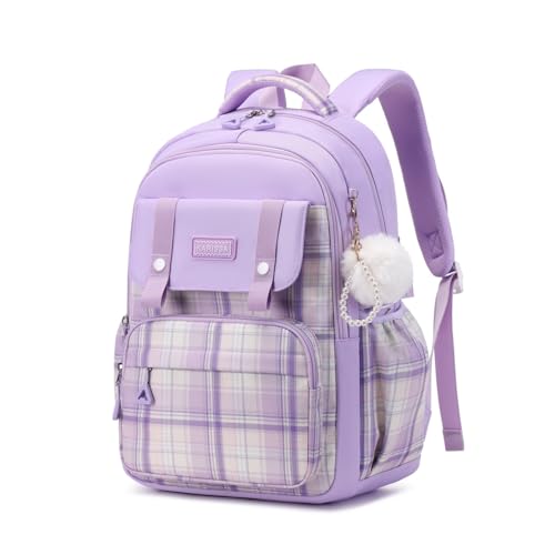 Tanou Mochila Adolescente Chica, 24L Mochilas Escolares Transpirable para Niñas de 9 a 16 años, Bolsa para Colegio y Instituto Casual de Moda a Cuadros, Morado