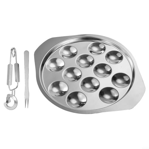 Opatiny Bandeja de acero inoxidable para escargot, caracoles, champiñones, huevos rellenos y aperitivos, bandeja apilable con asas, 8.75 x 7.25 pulgadas