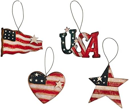 Patriotic Americana USA Wooden Ornaments Set of 4 - Celebrate Your Love of Country for Election Day, Veteran’s Day, Memorial Day, July 4th, and Christmas Holidays- Decorations for Home and Tree