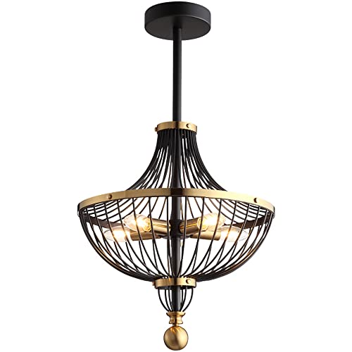 Lámpara de araña retro de 5 luces, luces de techo con borde dorado negro, lámpara de araña de montaje semiempotrado, lámpara colgante para isla de cocina, restaurante