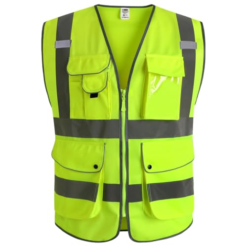 Image of JKSafety 20 Pack 9 Pockets Class 2 High Visibility Zipper Front Safety Vest With Reflective Strips,Meets ANSI /ISEA Standard (Medium, 156-Yellow)