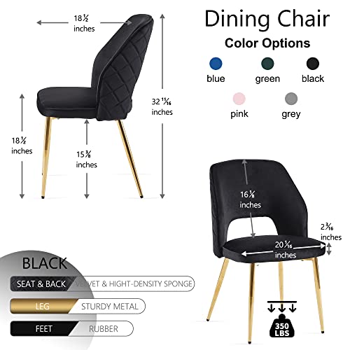 NORDICANA Modern Dining Chair Set of 2, Black Velvet Fabric Upholstered Accent Chairs with Golden Metal Legs, Round Back Side Chairs for Kitchen Living Room Bedroom