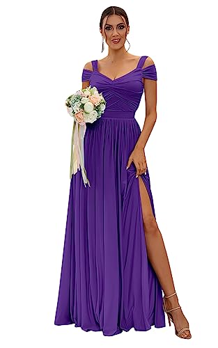 Image of SOLODISH Off The Shoulder Bridesmaid Dresses Long Chiffon Formal Evening Dresses for Women