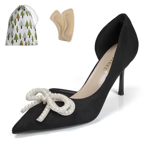 Womens Nude Pearl Bow Heels Pointed Toe Stiletto Heels for Women Red Black Suede D'Orsay Pumps 3 Inch Heel Closed Toe Formal Dress Shoes Comfortable