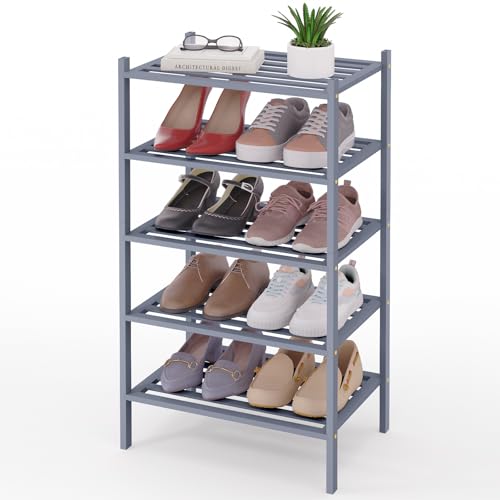 Image of Smiry Bamboo Shoe Rack, 5 Horizontal Slats, 5 Tier - 17.3 inch Wide, Grey