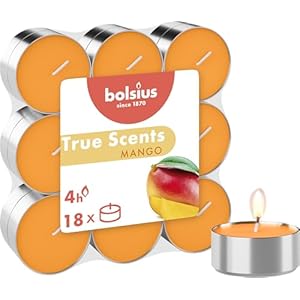 Bolsius, Velas perfumadas True Scents en vaso de aluminio, fragancia a mango, juego de 18 unidades, color naranja, duración de 4 horas, velas decorativas, cera vegana, sin humo