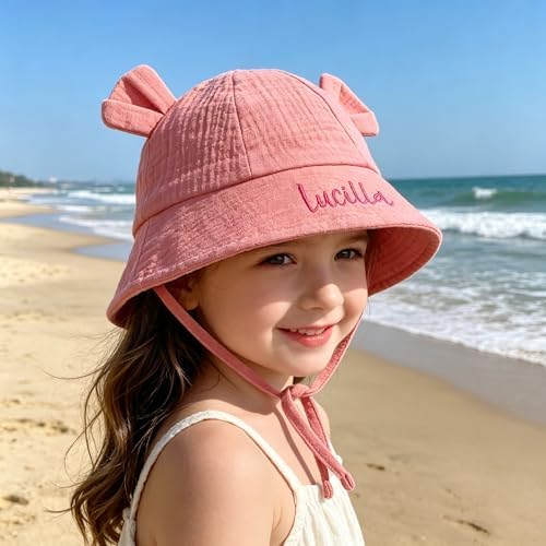 GLOPGEAR Personalized Baby Fisherman Hat- Custom Embroidered Name Cotton Sun Hat with Ear & Chin Straps, Soft Summer Hat for Toddlers (Rose Pink) - 3
