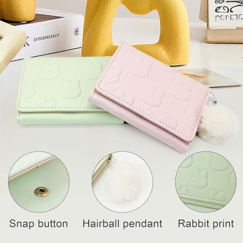 Small Wallet Women, Rabbit Print Cute Wallet with Pendant and Heart-Shaped ID Window Trifold Ultra-Thin Coin Purse (Pink)4