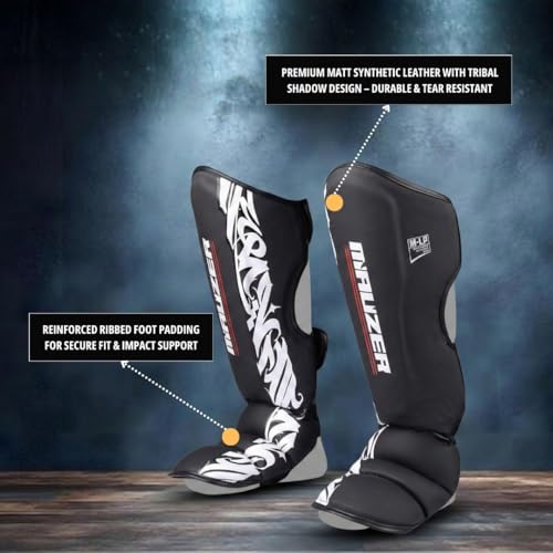 Image of Mauzer Muay Thai MMA Shin Guards & Foot Protection Medium Size | Kickboxing Instep Protectors | High-Density EVA Padding | Adjustable Velcro Straps | Durable Synthetic Leather (Medium)