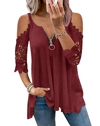 datasy Femme Chemisier Sexy Épaule Dénudée Haut Blouse pour Femme Évidé Manches Trois-Quarts Dentelle Chic et Elegant Col V Zippé Décontracté Grande Taille Rouge L Cover