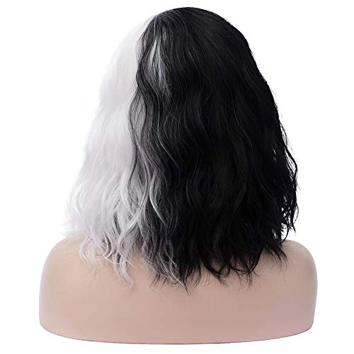 Image of BERON 14 inch Women Girls Short Curly Bob Wavy Wig Body Wave Halloween Cosplay Costume Daily Party Wigs (Black and White)