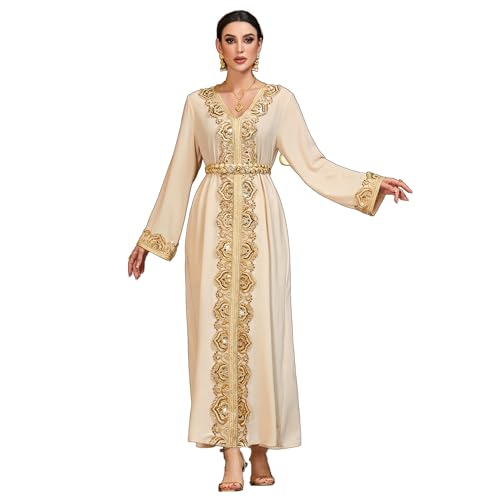 Lace Trim V-Neck Kaftan Dress, Long Sleeve Maxi Dress with Belt, Gold Embroidery Women's Evening Gown
