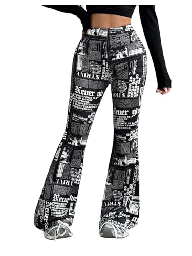 WDIRARA Women's Newspaper Print Flared Pants Elastic Waist Bell Bottom Trousers