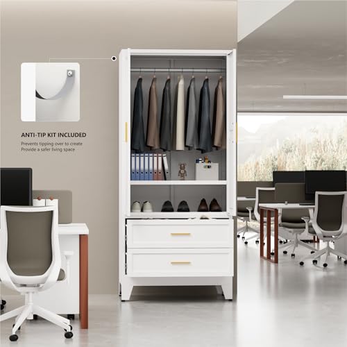 Image of Metal Wardrobe Closet, Armoire Wardrobe with Two Drawers Clothes Cabinet for Bedroom, 71 inch Tall Farmhouse Steel Armoire Closet with Drawers and 2 Doors Clothing Storage Cabinet with Hanging Rod