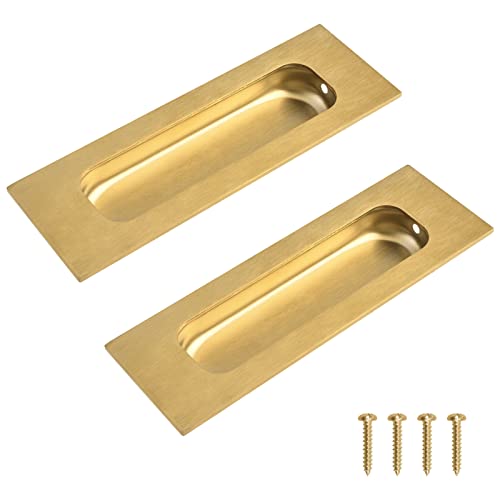 MOROBOR 2pcs Square Brushed Gold Flush Pulls Recessed Finger Pulls, 4.7 Inch Length Sliding Door Handles