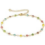 FUNEIA Gold Ankle Bracelets for Women 14K Gold Plated Anklet for Women Daisy Moon Star Evil Eye Anklet Boho Beach Foot Chain Adjustable Dainty Foot Jewelry (R:small colorful cz)