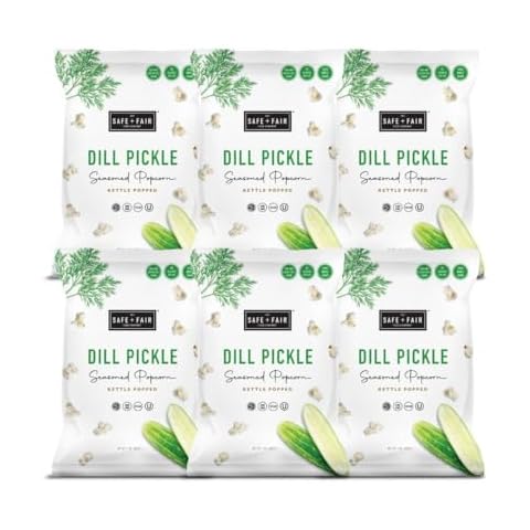Safe + Fair Plant Based Gourmet Dill Pickle Seasoned Popcorn - Dill Pickle Seasoned Popcorn Non-GMO + Gluten Free + Vegan + Kosher Snacks (3 oz bag - 6 pack case) Cover