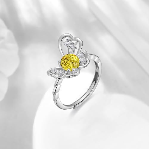 Birthstone Butterfly Opening Ring - 925 Sterling Silver Firework-Cut Yellow Cubic Zirconia Adjustable Ring Engagement Promise Ring Birthday Jewelry Gift for Women Wife Daughter November DR0165N — view 2