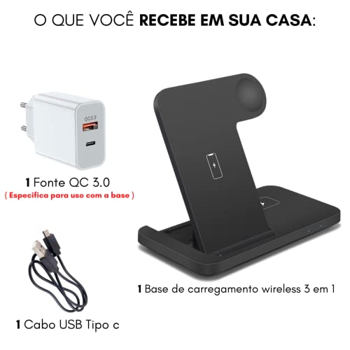 Kit Base Carregador Indução para iPhone 8 em diante + Fonte QC3.0 (3 em 1)