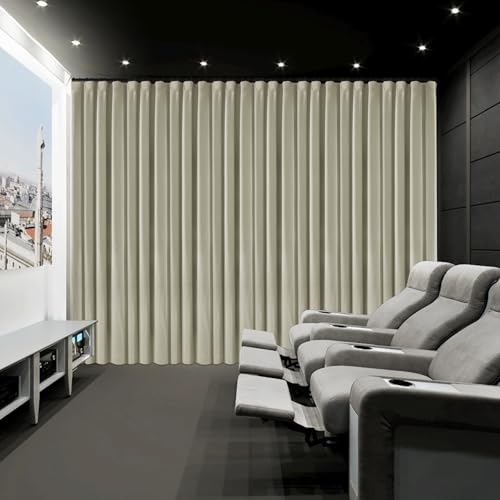 Fcosie Extra Wide Beige 100% Blackout Velvet Drapery, 250" Wx84 L - Flat Hooks Drapes Room Divider - Wide Backdrop Curtains for Wedding/Display Window/Church/Dressing Room/Fitting Room, 1 PC