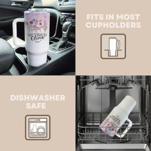 Elegant Retirement Gift for Women 40oz Tumbler, Personalized Minimalist Wildflower Retiree Travel Mug with Handle, Delicate Butterfly Cup Name Year - Pink - Mom Mother Mother in Law Stepmom Wife - Image 4
