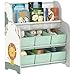 AIYAPLAY Scaffale Portagiochi 3+ Anni con 6 Cassetti in Tessuto e Libreria a 2 Livelli, Mobile Contenitore in MDF e Acciaio, 63x30x71 cm, Verde immagine
