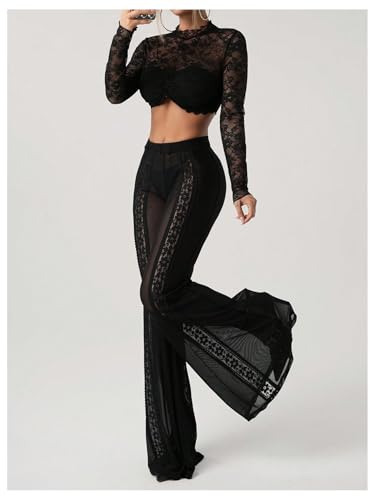GORGLITTER Women's Floral Lace Bell Bottom Pants Sheer Mesh Boho Goth Flare Leg Sexy Long Pants Leggings4