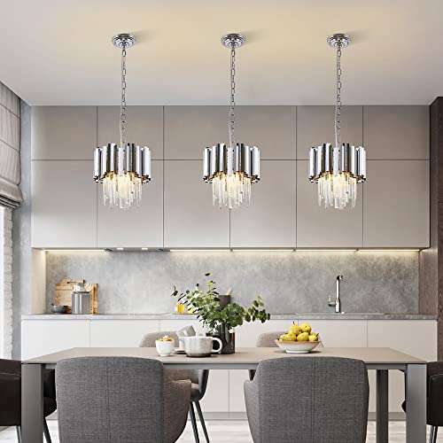 Wabon Crystal Pendant Light Fixture, D11.8” Round Chrome Crystal Hanging Light 2-Tiers Modern Crystal Chandelier For Living Room Dining Room Kitchen Island #TOP2