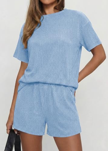 KIRUNDO Two Piece Sets for Women Dressy Casual Ribbed Knit Short Sleeve Top Matching Shorts Lounge Set 2026 Summer Outfits(Light Blue, Small) — view 5