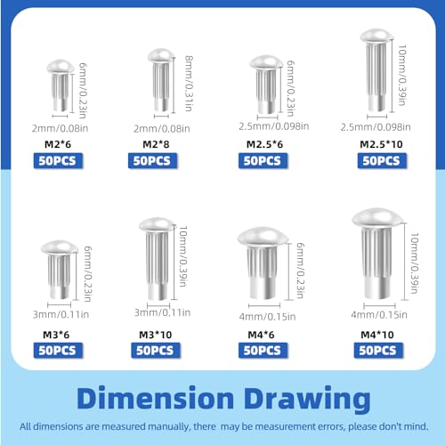 Glarks 400Pcs Solid Nieten Knulled Shanks Set, M2 M2.5 M3 M4 Halbrunder Kopf Aluminium Solid Nieten Sortiment Kit mit Aufbewahrungsbox Home Outdoor Hardware Tool