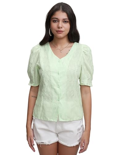 Image of Tokyo Talkies Women's Elegant Embroidered V-Neck Shirt | Button-Front with Short Puff Sleeves for A Chic Look | Tops for Woman | Women Tops | Stylish Top
