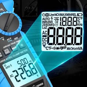 Miniatura 7 de MESTEK Inrush - Multímetro de pinza digital 1000A TRMS 6000 recuentos CACC Medidor de amplificador de corriente con VFD, modo LOZ, mide voltaje de