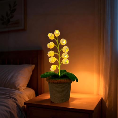 CharySim Lámpara de lirio del valle de ganchillo, flor artificial con luz nocturna y maceta, se puede utilizar como regalo de San Valentín, cumpleaños, decoración creativa del hogar (Warm Lamp Pro)